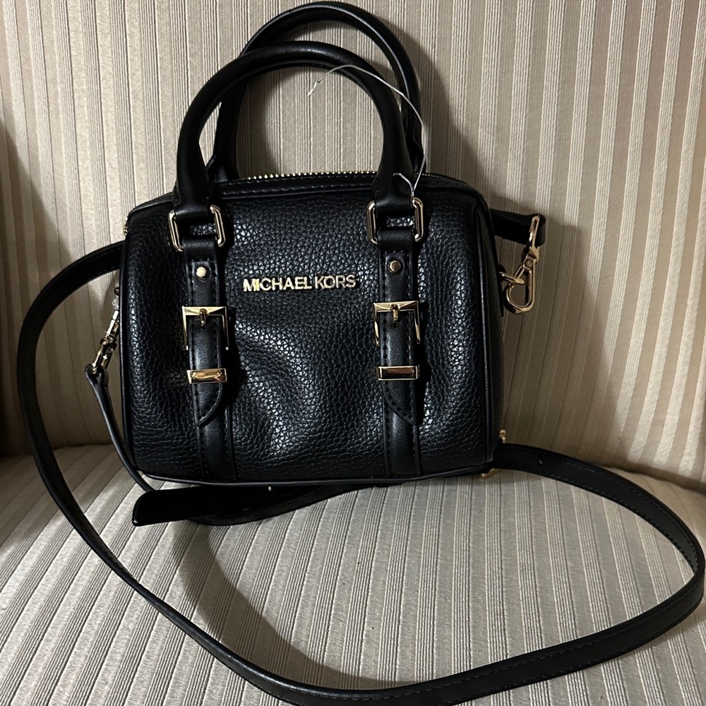 Michael Kors Black Pebbled Leather Mini Satchel with Gold Hardware
